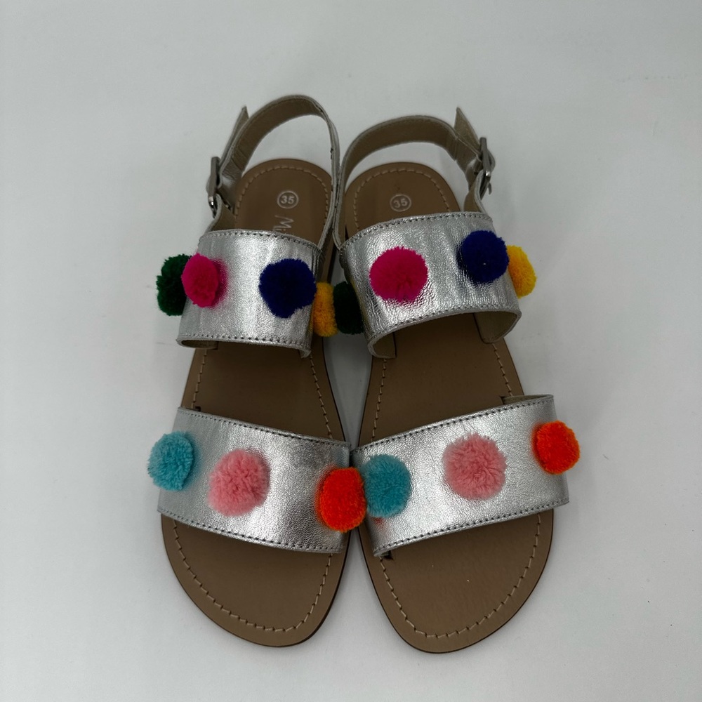 Mini Boden Silver Metallic Pom Pom Sandals 35/3 US